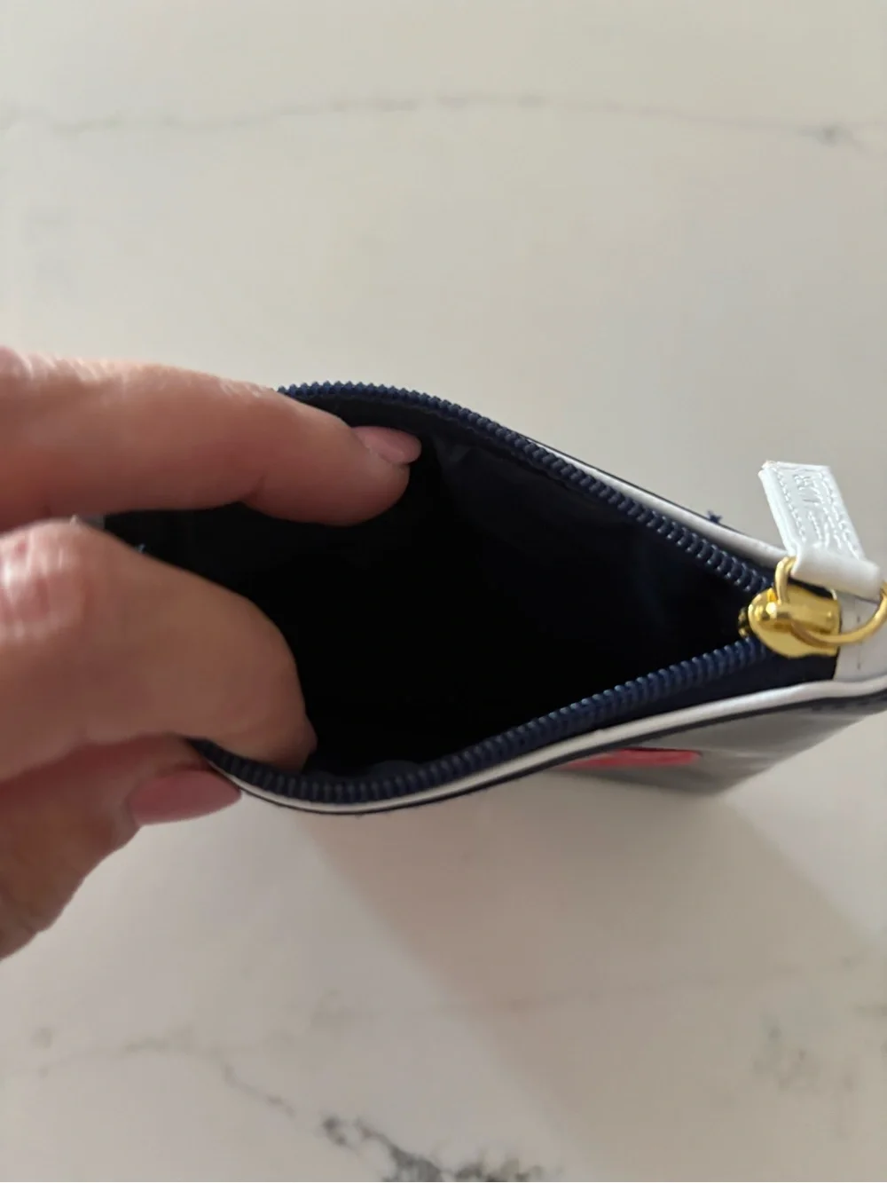 Estee Lauder Blue Patent Cosmetic Pouch with Red Circle